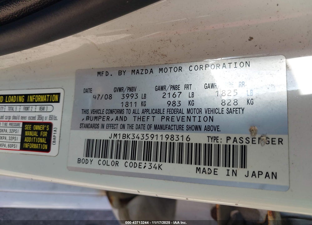2009 MAZDA 3 S TOURING VIN: JM1BK343591198316