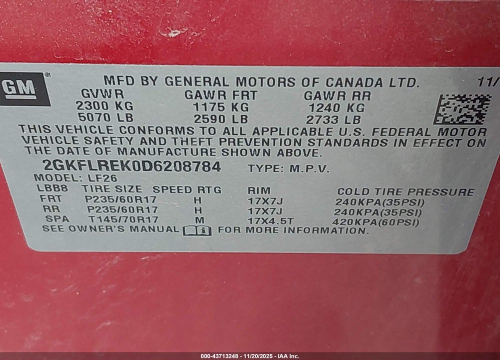 2013 GMC TERRAIN SLE-1 VIN: 2GKFLREK0D6208784
