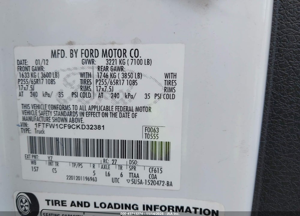 2012 FORD F-150 VIN: 1FTFW1CF9CKD32381
