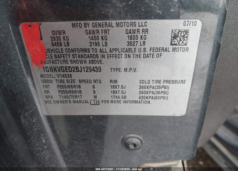 2011 CHEVROLET TRAVERSE 1LT VIN: 1GNKVGED2BJ129439