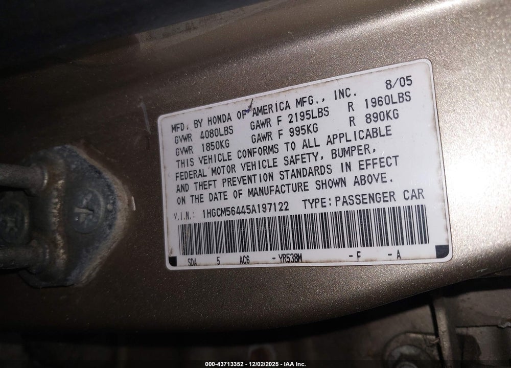 2005 HONDA ACCORD 2.4 LX VIN: 1HGCM56445A197122