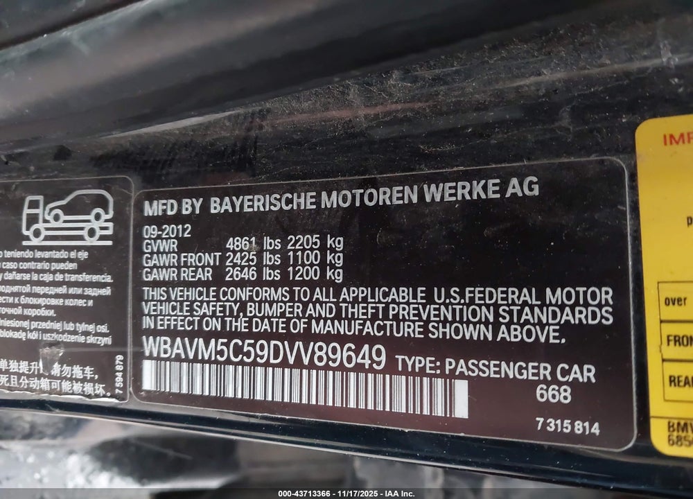 2013 BMW X1 XDRIVE35I VIN: WBAVM5C59DVV89649