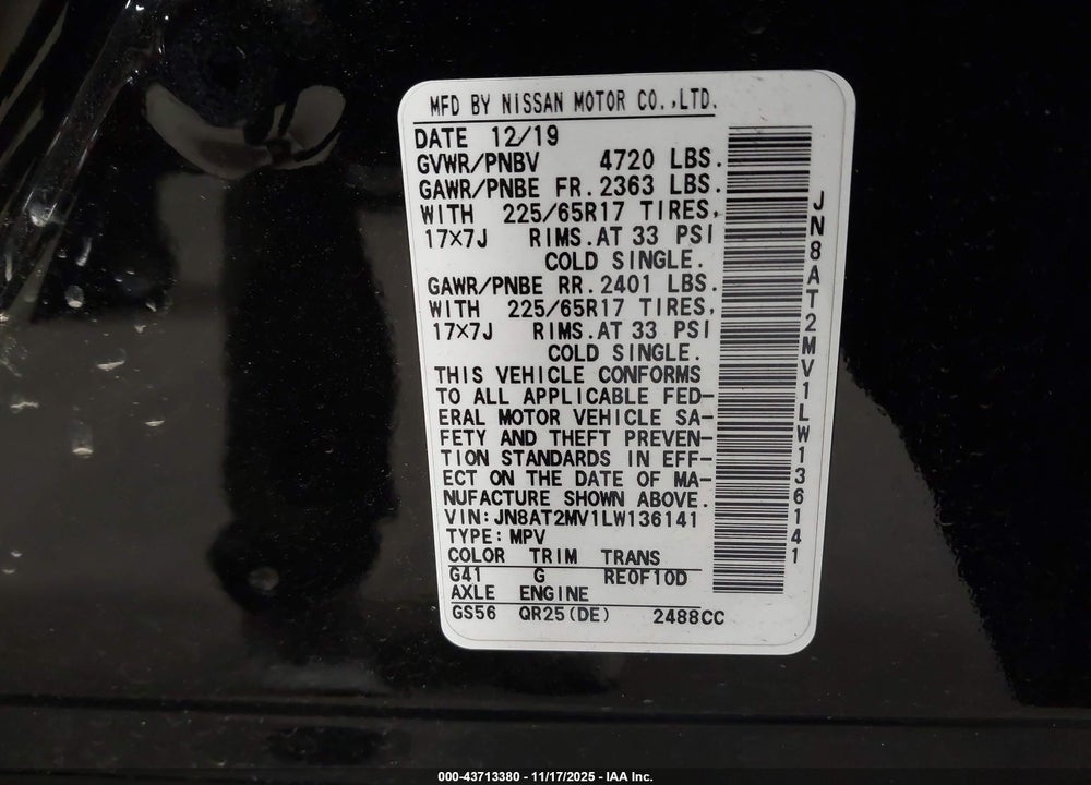 2020 NISSAN ROGUE VIN: JN8AT2MV1LW136141