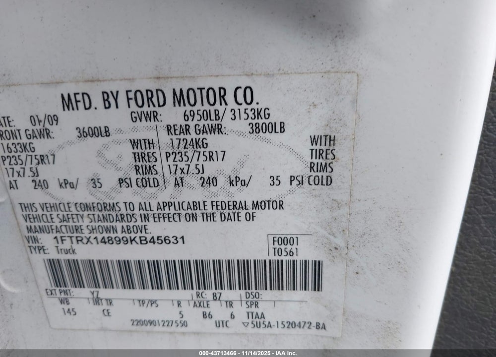 2009 FORD F-150 STX/XL/XLT VIN: 1FTRX14899KB45631