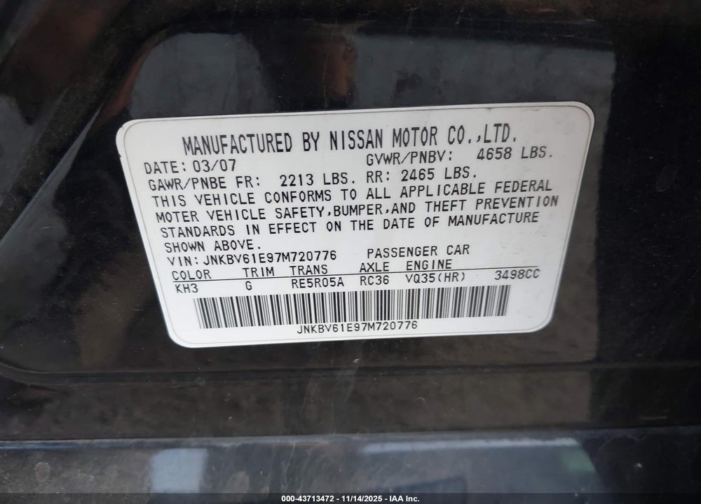 2007 INFINITI G35 JOURNEY VIN: JNKBV61E97M720776