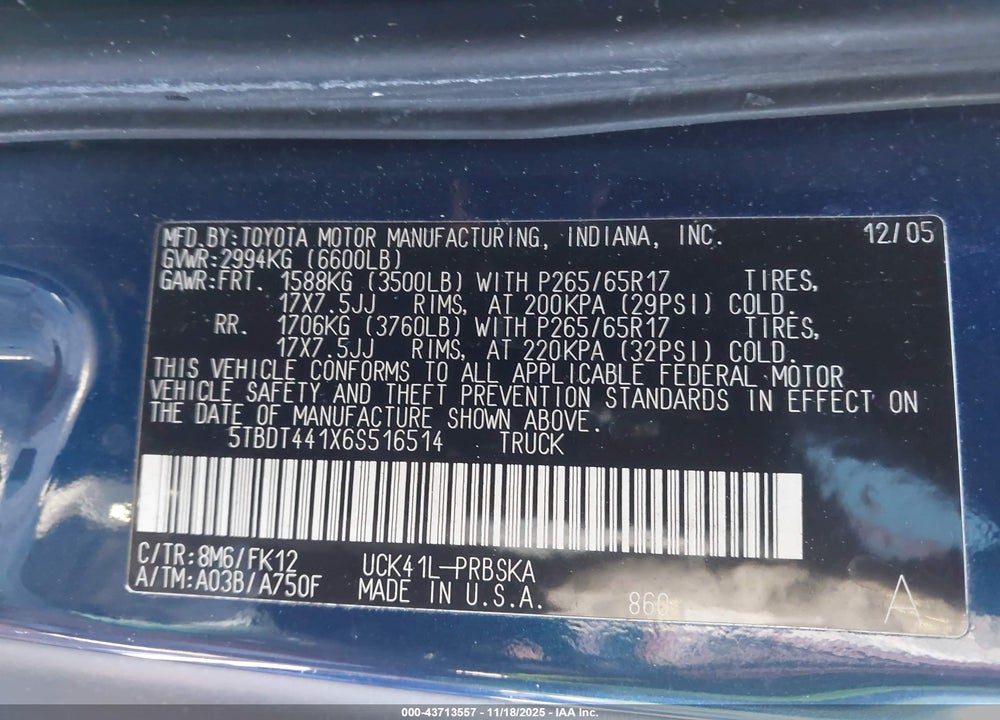 2006 TOYOTA TUNDRA SR5 V8 VIN: 5TBDT441X6S516514