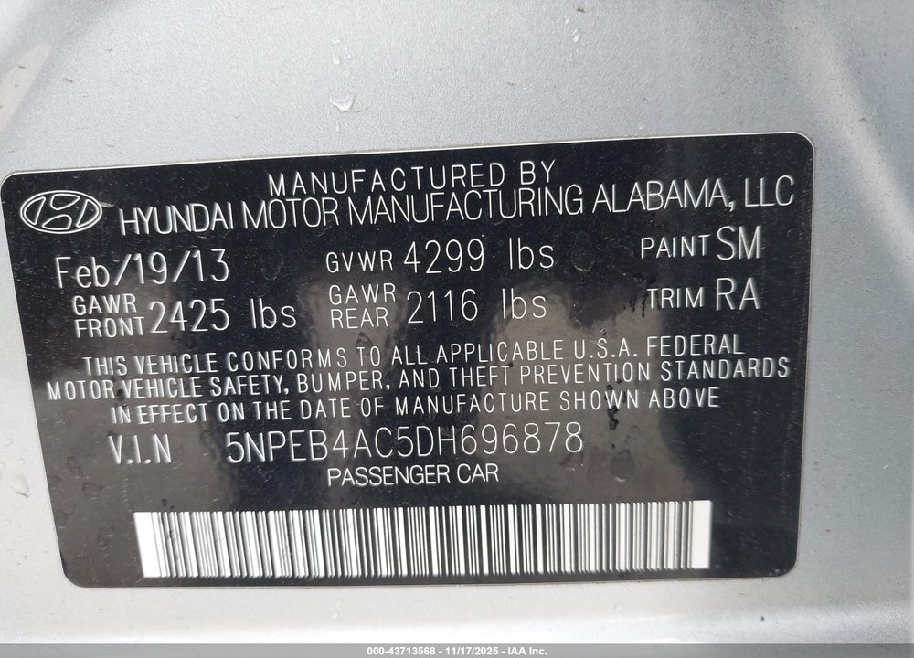2013 HYUNDAI SONATA GLS VIN: 5NPEB4AC5DH696878
