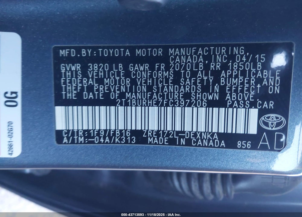 2015 TOYOTA COROLLA LE VIN: 2T1BURHE7FC397206