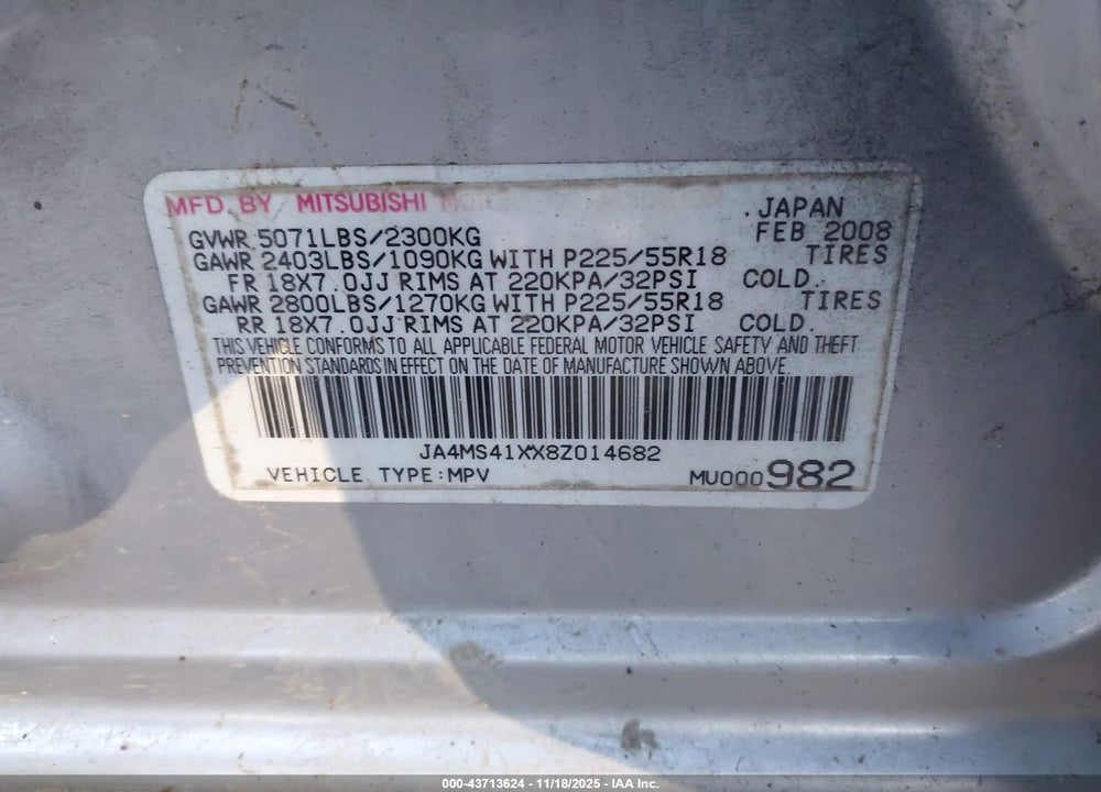 2008 MITSUBISHI OUTLANDER XLS VIN: JA4MS41XX8Z014682
