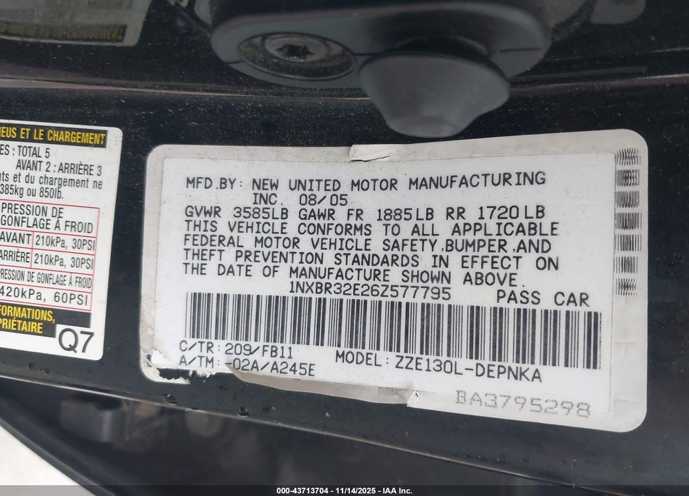 2006 TOYOTA COROLLA LE VIN: 1NXBR32E26Z577795