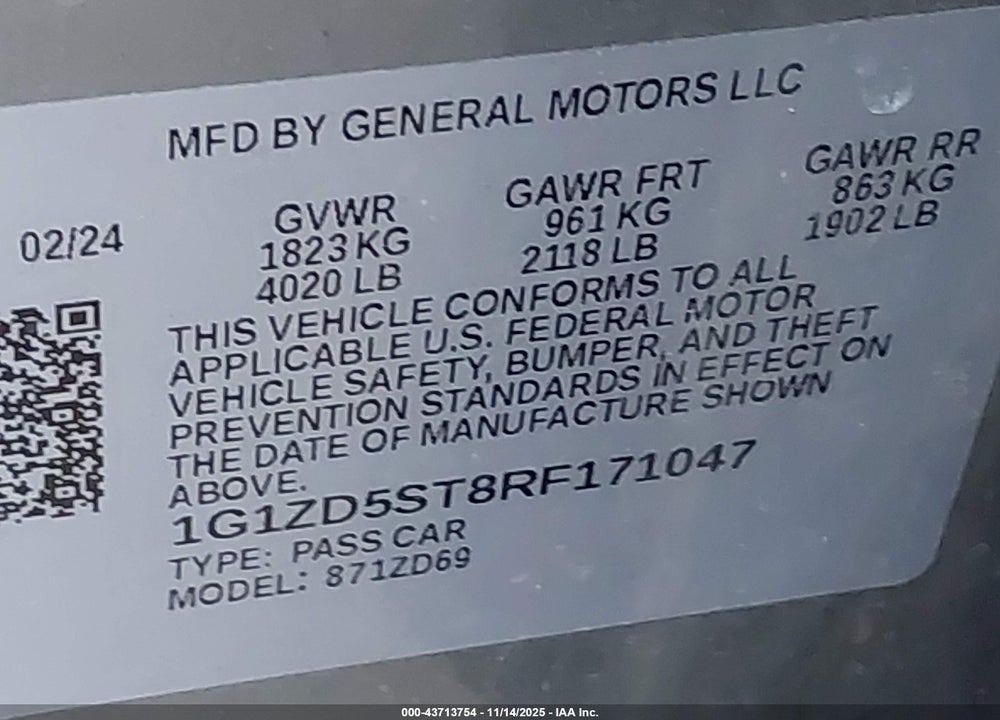 2024 CHEVROLET MALIBU FWD 1LT VIN: 1G1ZD5ST8RF171047