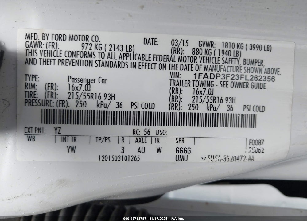 2015 FORD FOCUS SE VIN: 1FADP3F23FL262356