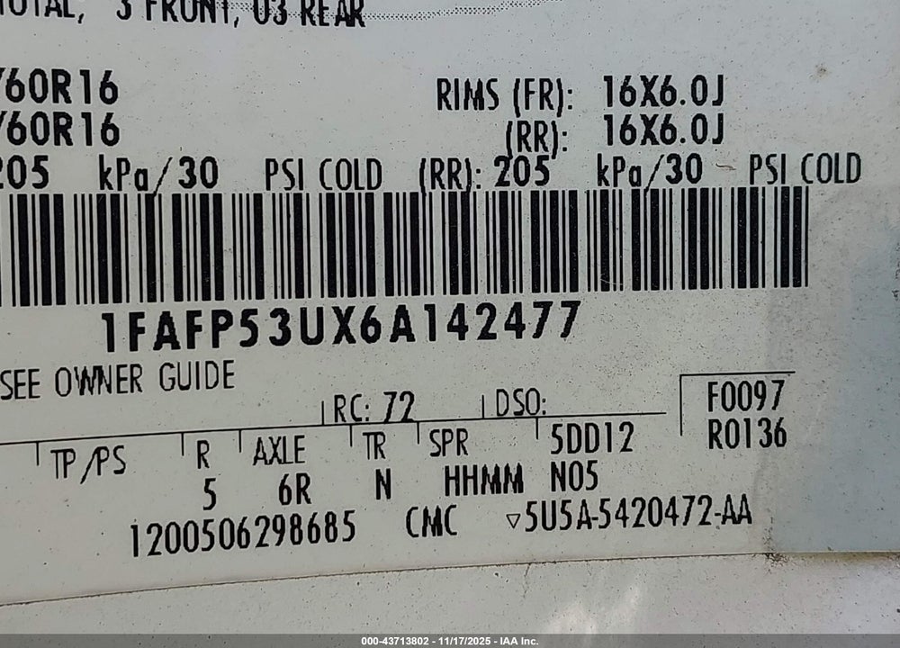 2006 FORD TAURUS SE VIN: 1FAFP53UX6A142477