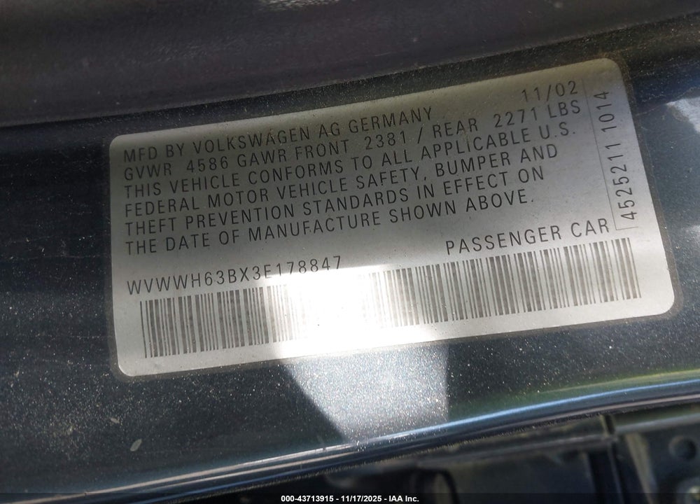 2003 VOLKSWAGEN PASSAT GLX VIN: WVWWH63BX3E178847