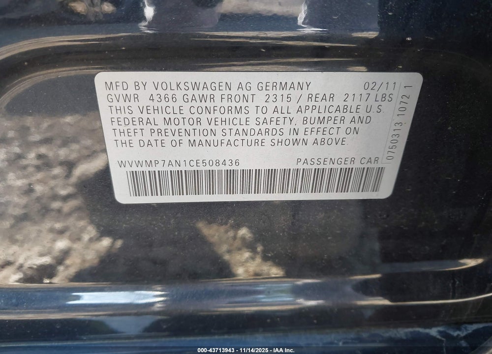 2012 VOLKSWAGEN CC VIN: WVWMP7AN1CE508436