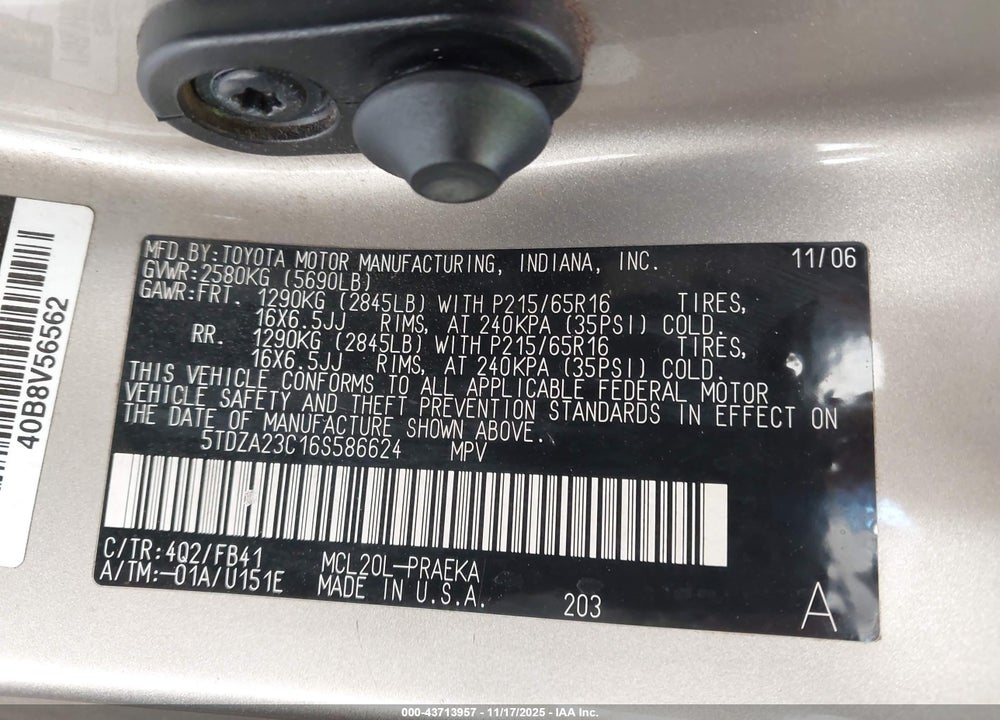 2006 TOYOTA SIENNA CE VIN: 5TDZA23C16S586624