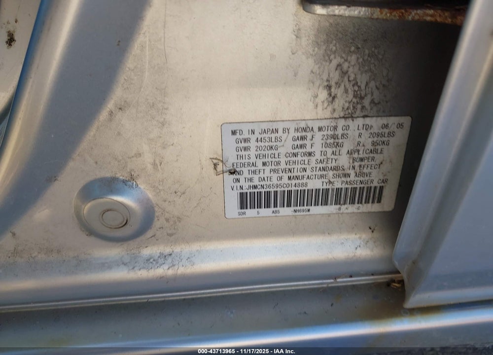 2005 HONDA ACCORD HYBRID IMA VIN: JHMCN36595C014888