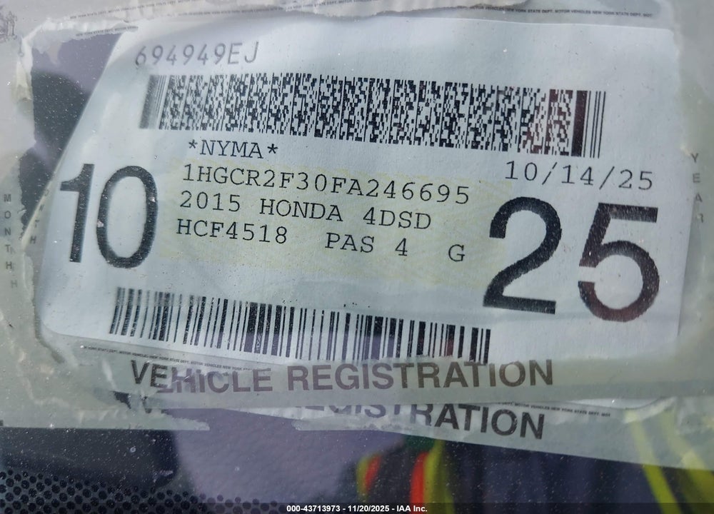 2015 HONDA ACCORD VIN: 1HGCR2F30FA246695