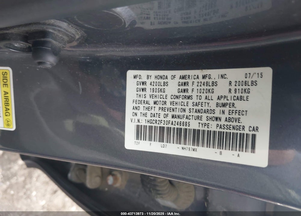 2015 HONDA ACCORD VIN: 1HGCR2F30FA246695