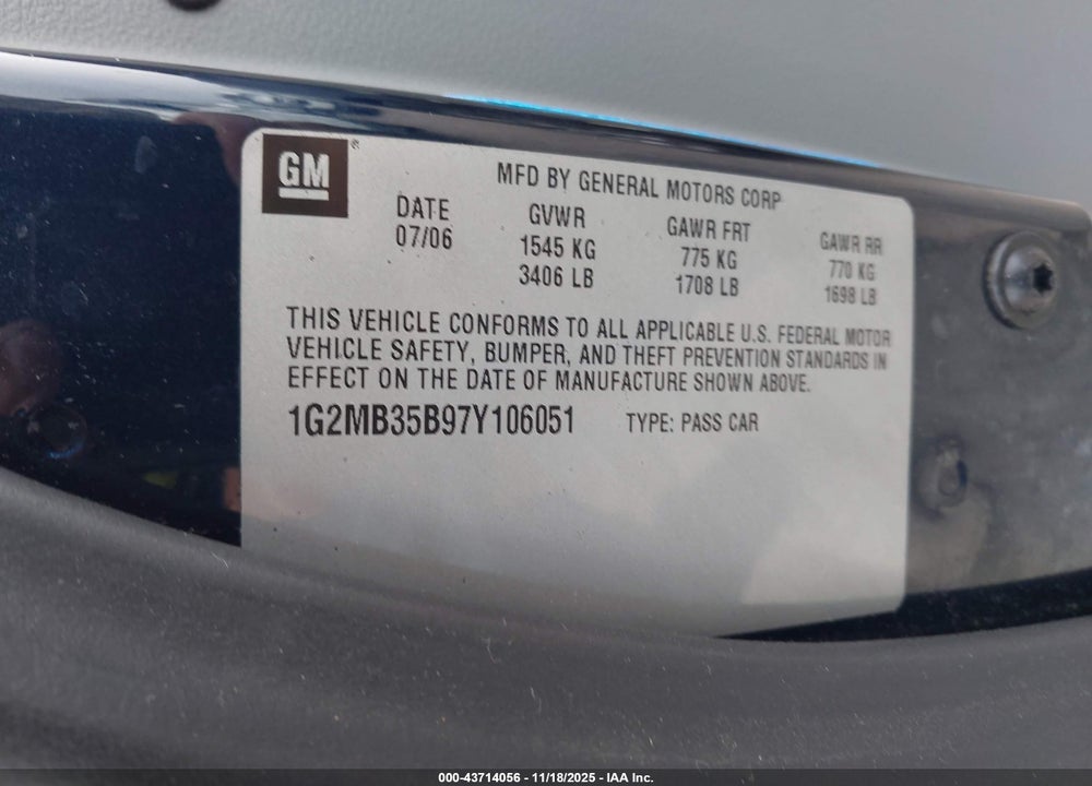 2007 PONTIAC SOLSTICE VIN: 1G2MB35B97Y106051