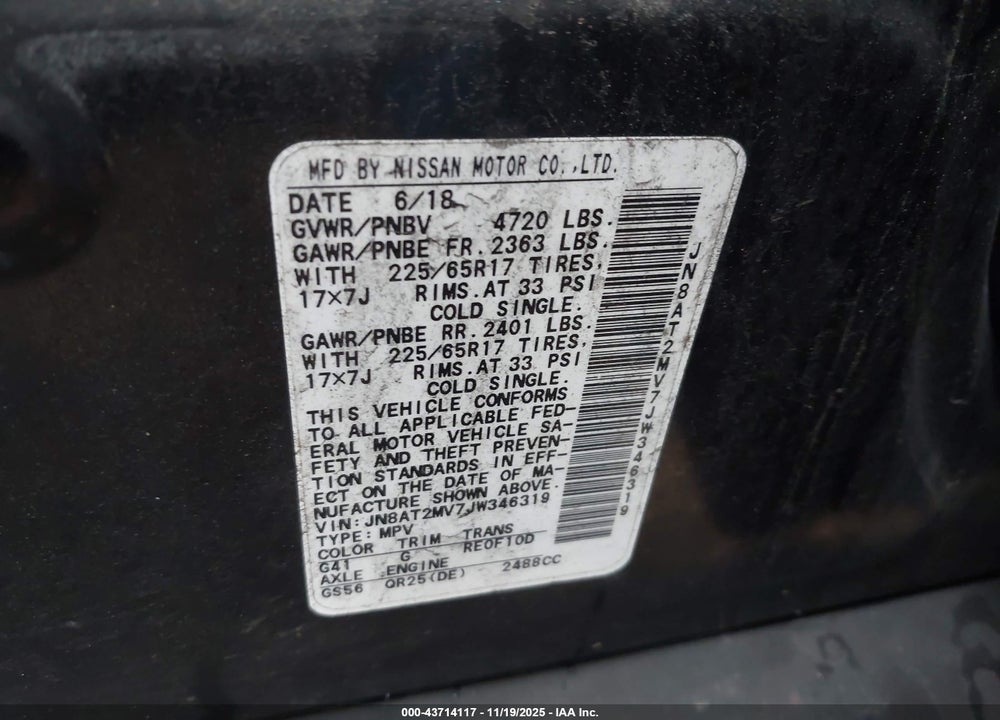 2018 NISSAN ROGUE VIN: JN8AT2MV7JW346319
