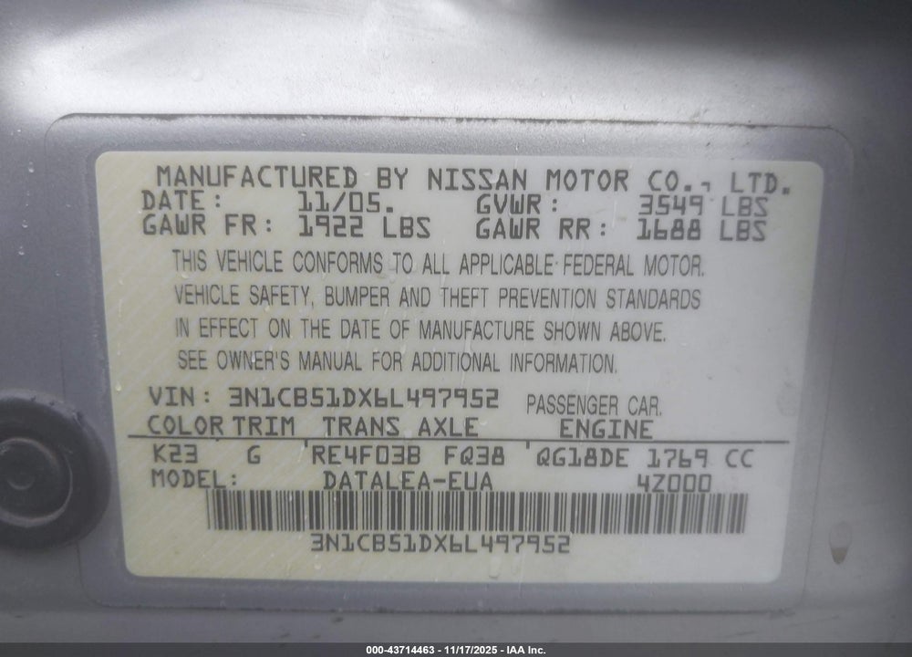 2006 NISSAN SENTRA VIN: 3N1CB51DX6L497952