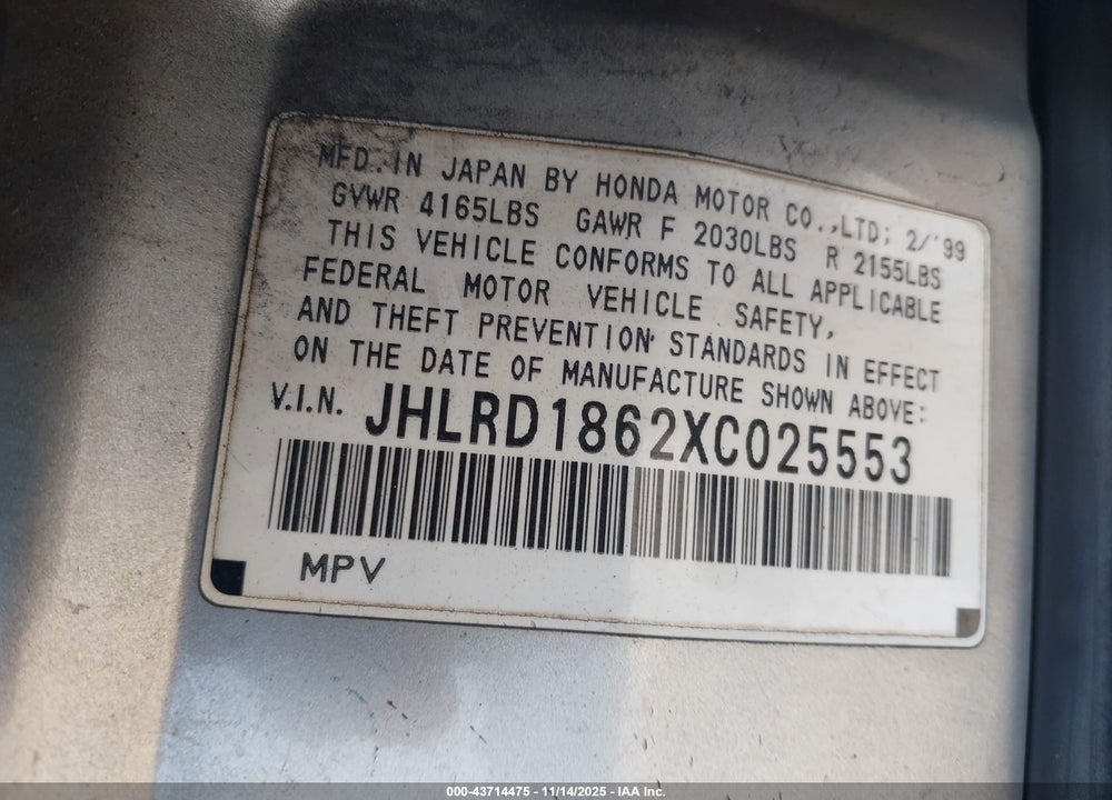 1999 HONDA CR-V EX VIN: JHLRD1862XC025553