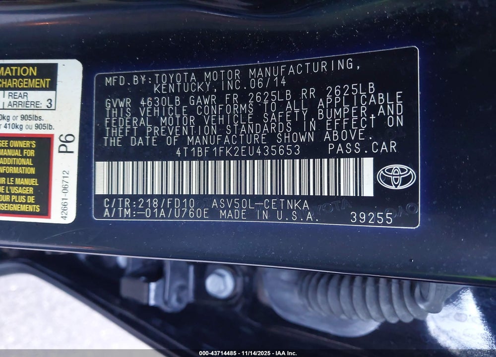 2014 TOYOTA CAMRY VIN: 4T1BF1FK2EU435653