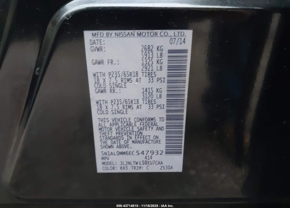 2014 INFINITI QX60 VIN: 5N1AL0MM6EC547932