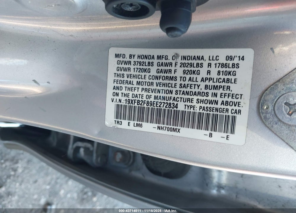 2014 HONDA CIVIC VIN: 19XFB2F89EE272834