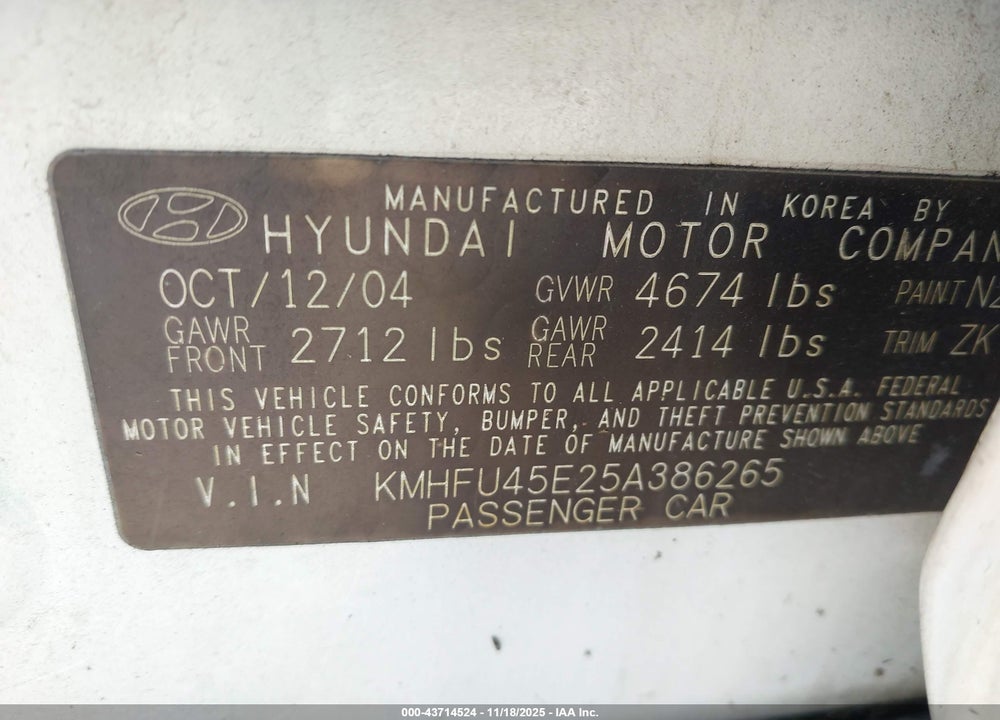 2005 HYUNDAI XG350 L VIN: KMHFU45E25A386265
