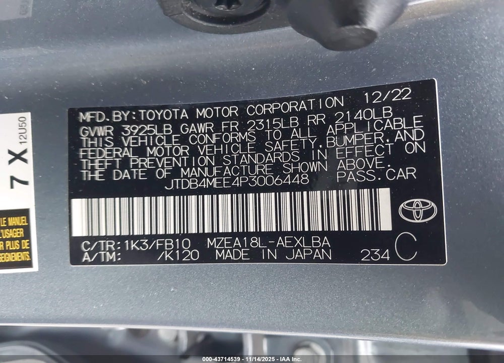 2023 TOYOTA COROLLA LE VIN: JTDB4MEE4P3006448