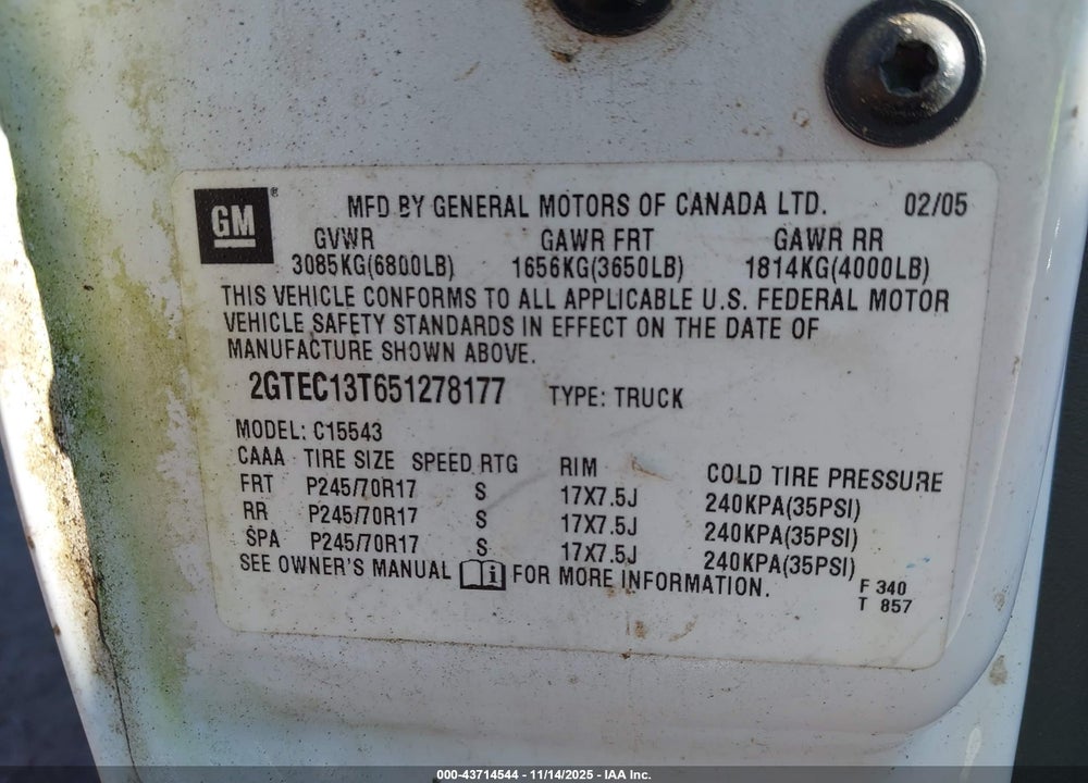 2005 GMC SIERRA 1500 SLE VIN: 2GTEC13T651278177