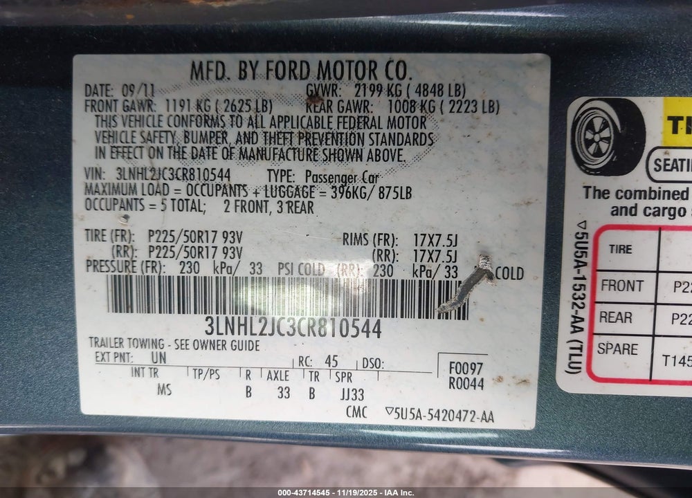2012 LINCOLN MKZ VIN: 3LNHL2JC3CR810544