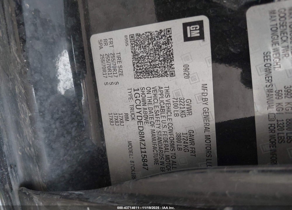 2021 CHEVROLET SILVERADO 1500 4WD  SHORT BED LT VIN: 1GCUYDED8MZ115847