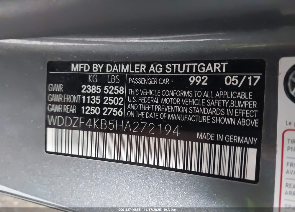 2017 MERCEDES-BENZ E 300 4MATIC VIN: WDDZF4KB5HA272194