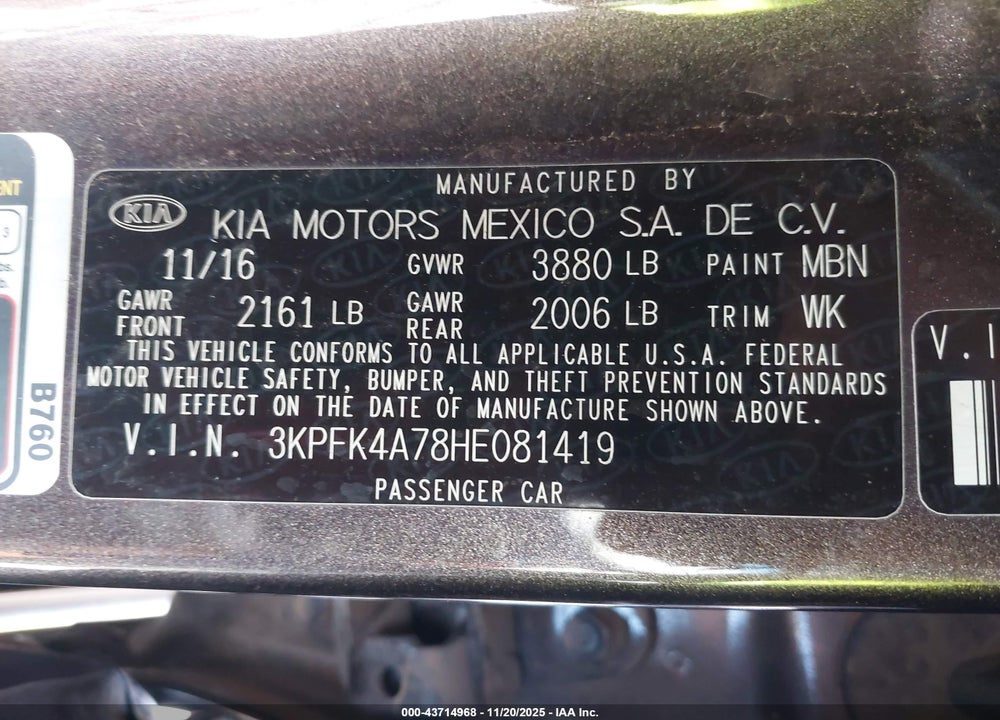 2017 KIA FORTE LX VIN: 3KPFK4A78HE081419