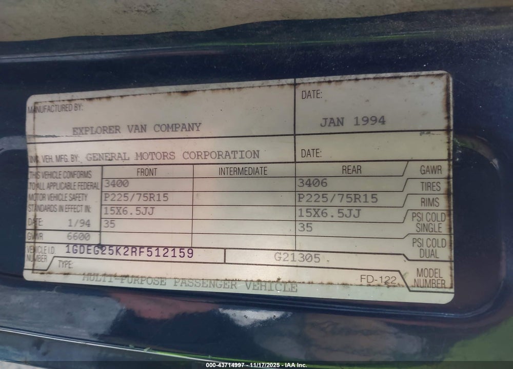 1994 GMC RALLY WAGON / VAN G2500 VIN: 1GDEG25K2RF512159