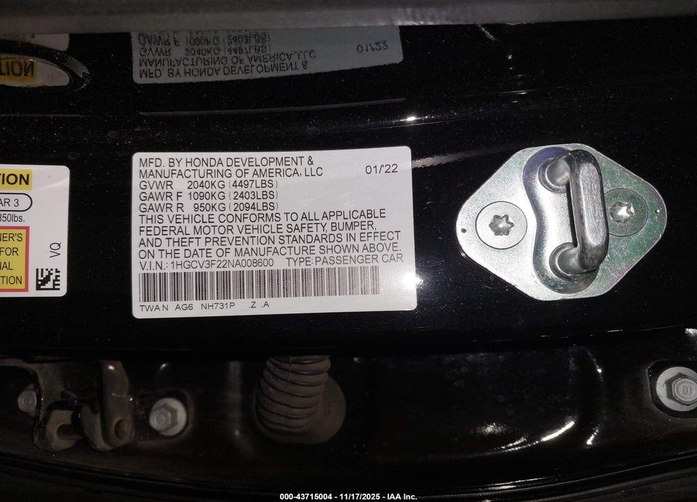 2022 HONDA ACCORD HYBRID SPORT VIN: 1HGCV3F22NA008600