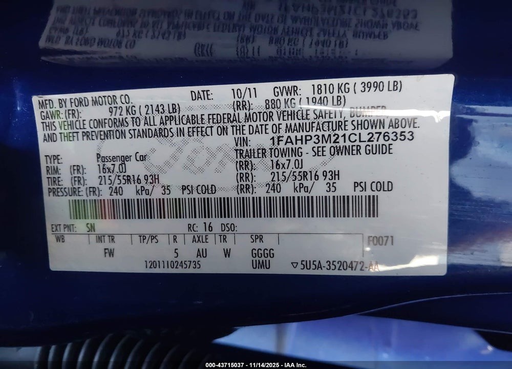 2012 FORD FOCUS SEL VIN: 1FAHP3M21CL276353