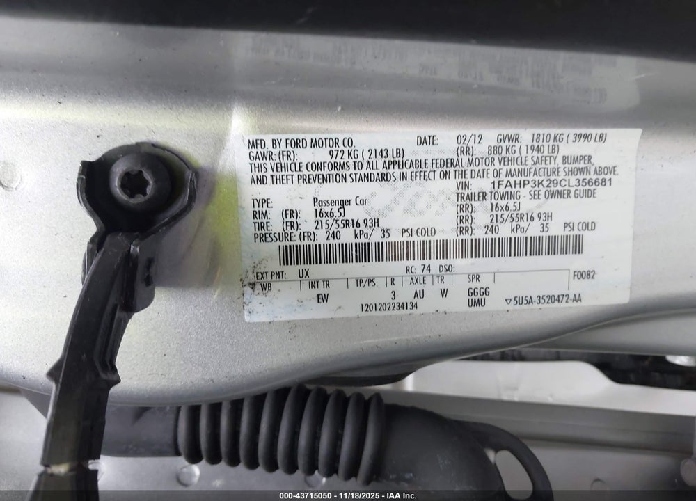 2012 FORD FOCUS SE VIN: 1FAHP3K29CL356681