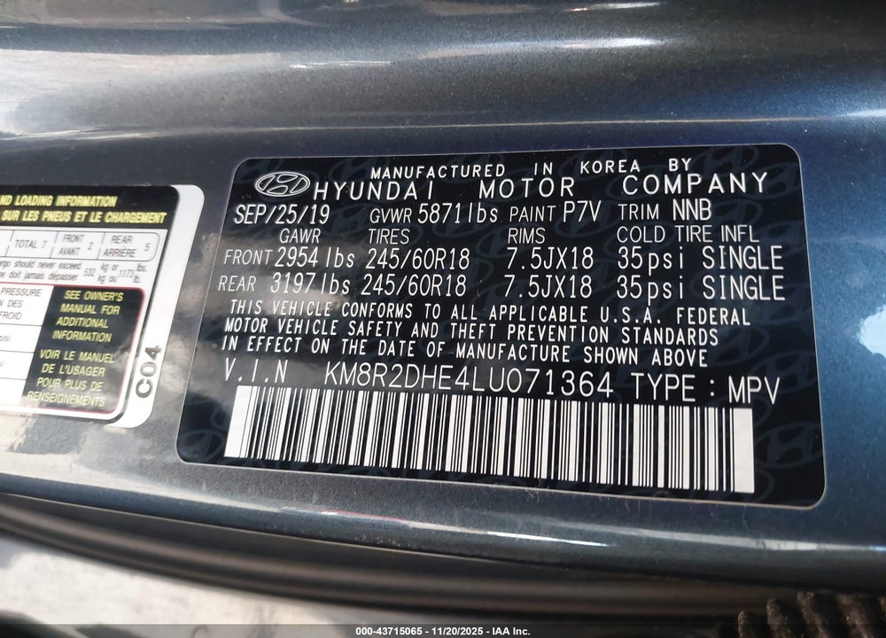 2020 HYUNDAI PALISADE SEL VIN: KM8R2DHE4LU071364