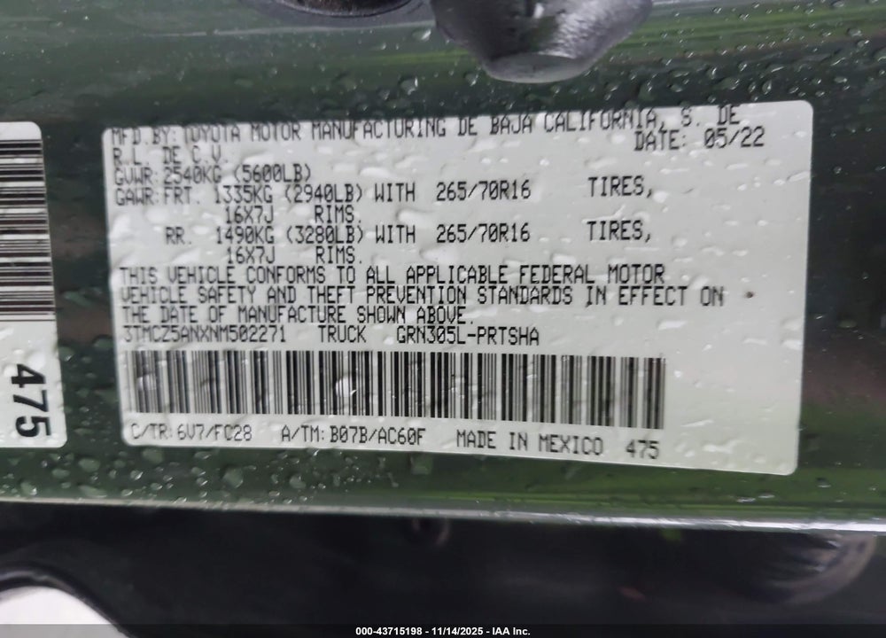 2022 TOYOTA TACOMA SR5 V6 VIN: 3TMCZ5ANXNM502271