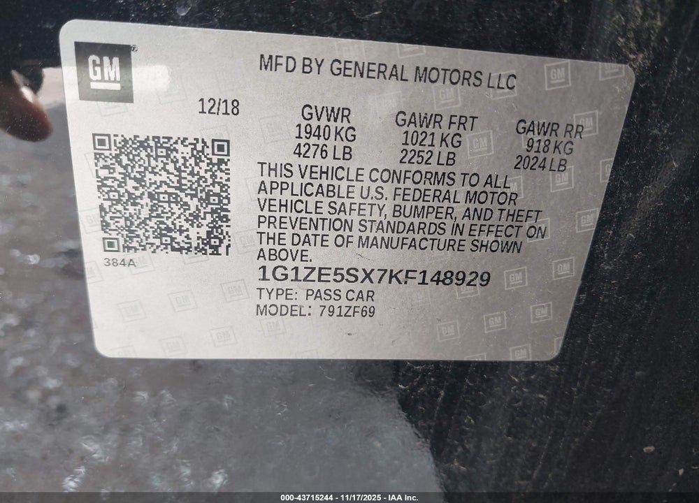 2019 CHEVROLET MALIBU PREMIER VIN: 1G1ZE5SX7KF148929