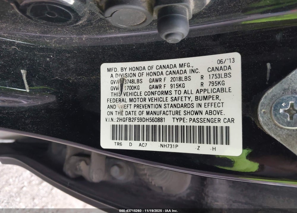 2013 HONDA CIVIC LX VIN: 2HGFB2F59DH560881