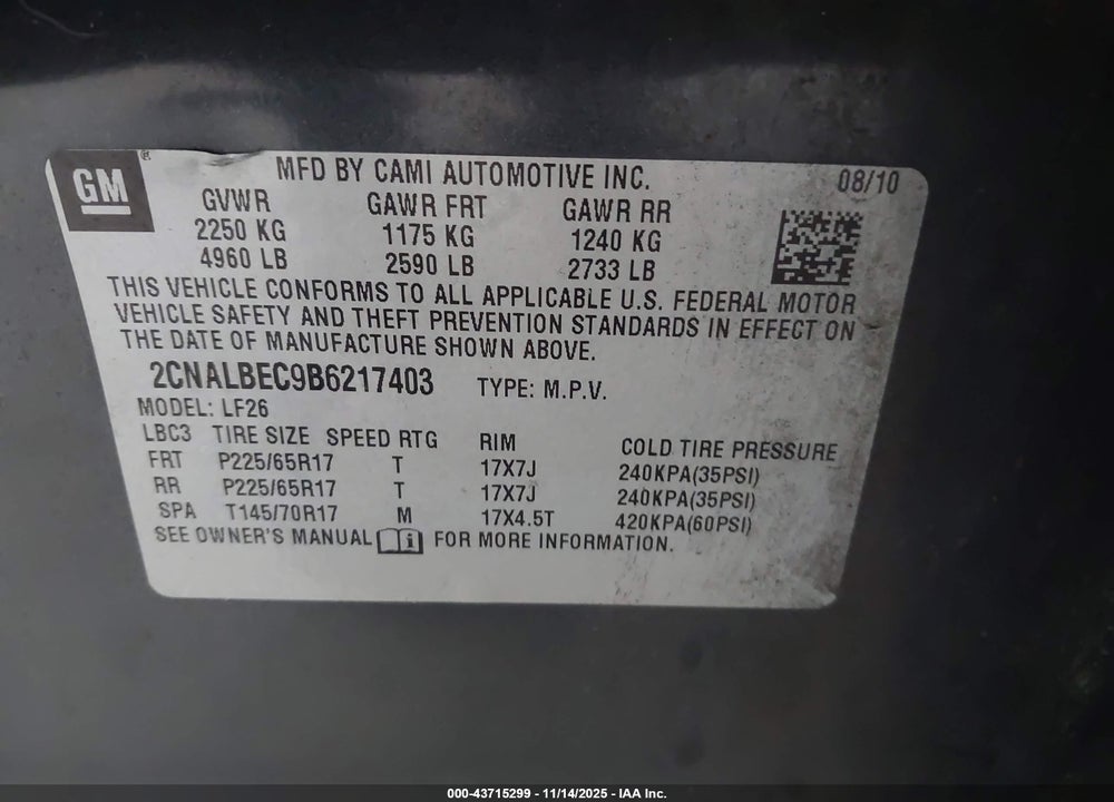2011 CHEVROLET EQUINOX LS VIN: 2CNALBEC9B6217403