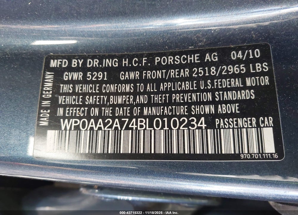 2011 PORSCHE PANAMERA 4 VIN: WP0AA2A74BL010234