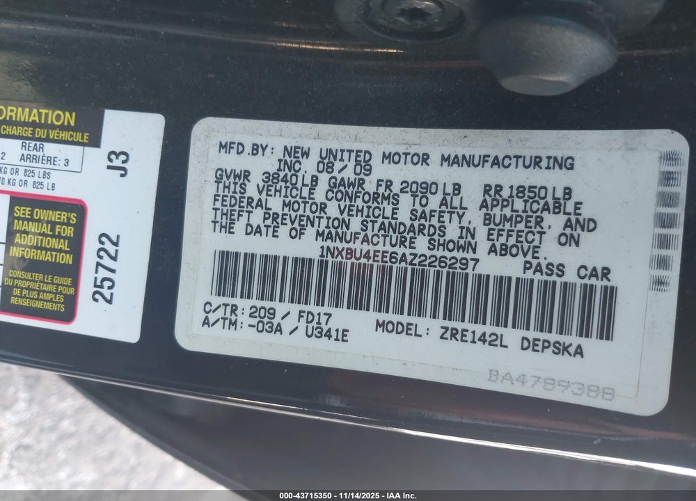 2010 TOYOTA COROLLA VIN: 1NXBU4EE6AZ226297