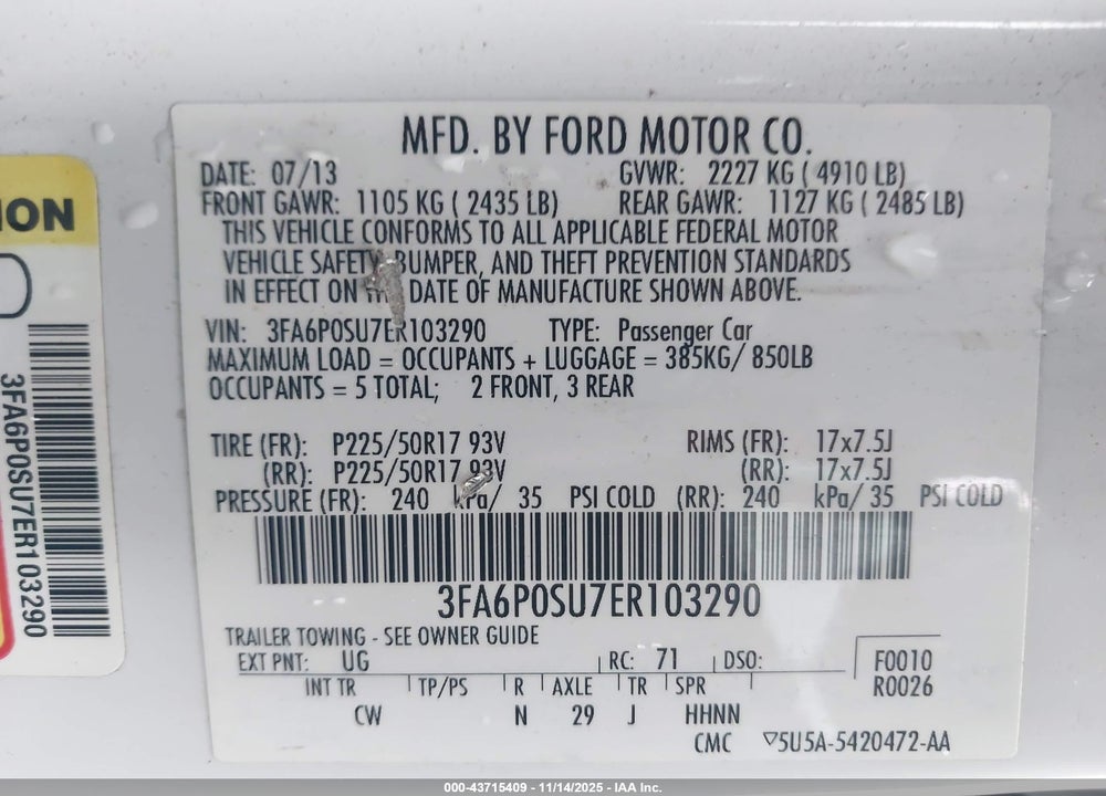 2014 FORD FUSION ENERGI TITANIUM VIN: 3FA6P0SU7ER103290