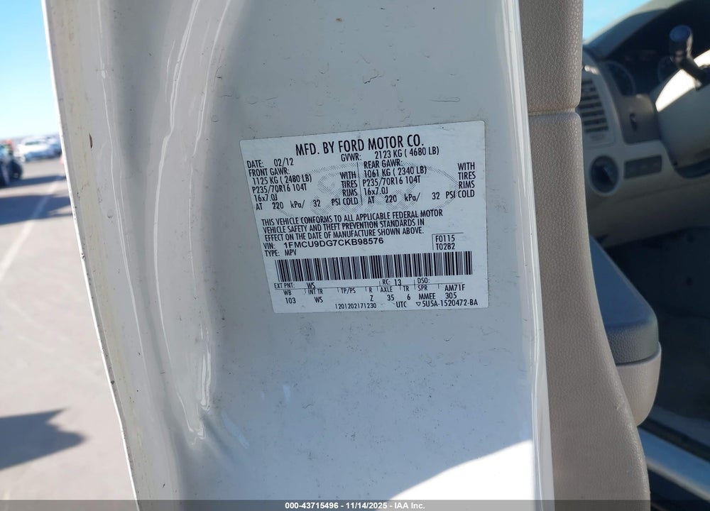 2012 FORD ESCAPE VIN: 1FMCU9DG7CKB98576
